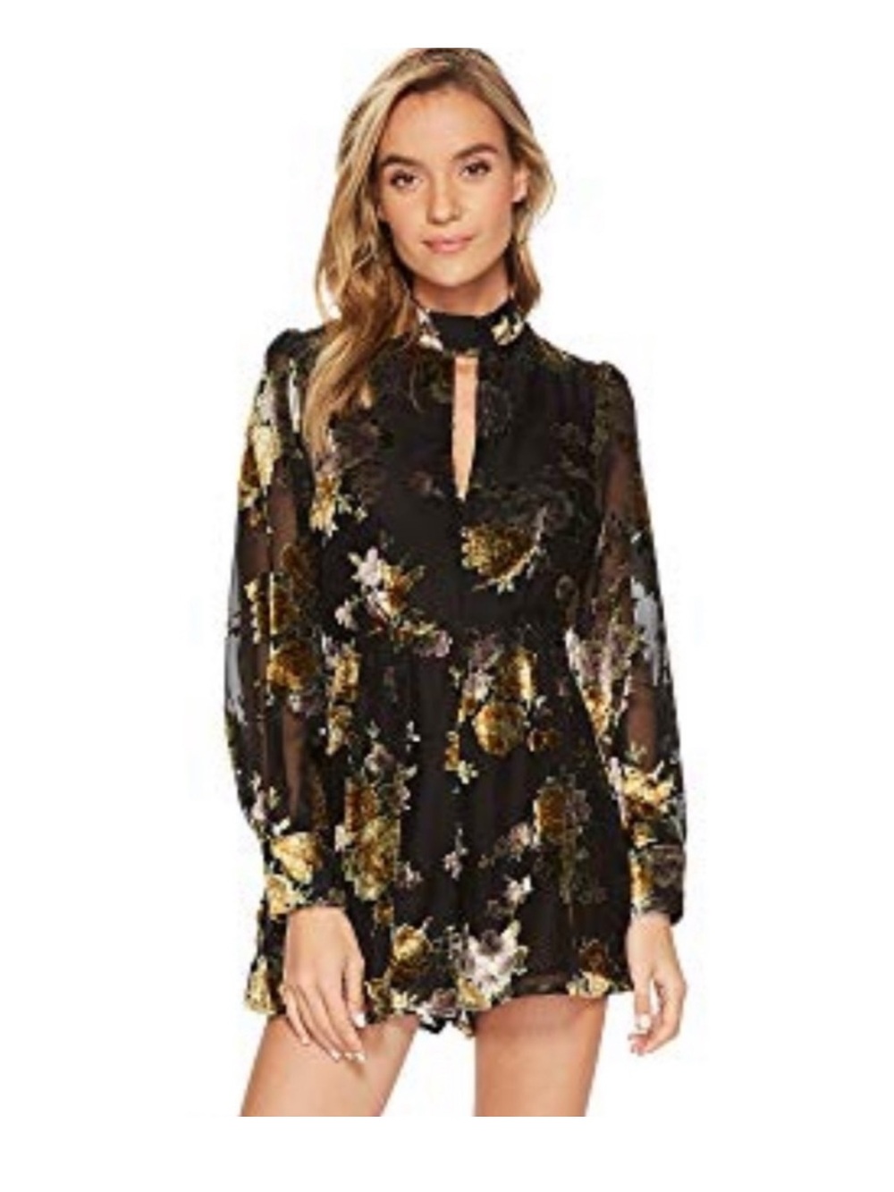 ASTR The Label | Rachel Floral Velvet Long Sleeve Romper Keyhole Black Small